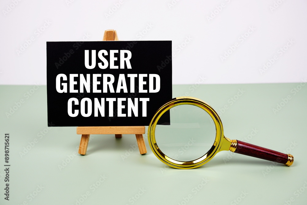 Poster user generated content text on paper card with magnifying glass on green background