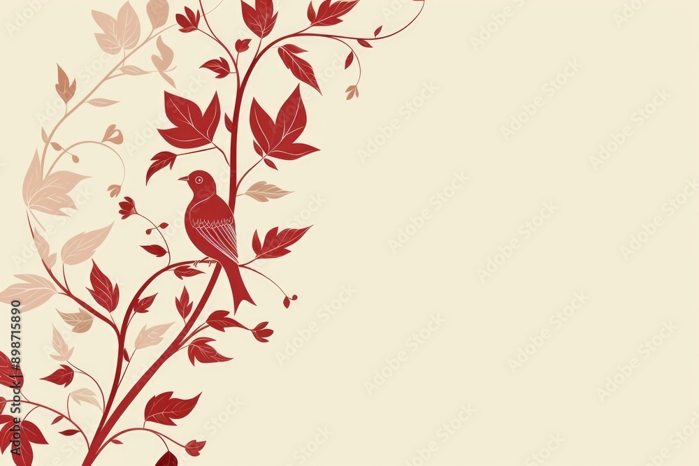 Poster a small red bird sits comfortably on a branch of a deciduous tree, enjoying the surroundings