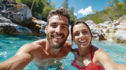 A joyful couple enjoying their time in a natural pool surrounded by rocks and greenery, capturing a happy moment together during their adventure in the wilderness.