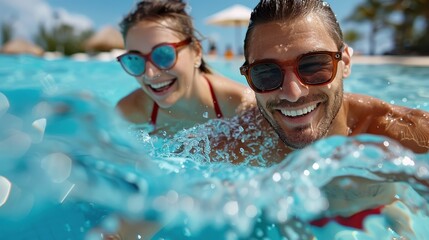 A joyful couple, wearing sunglasses, smiles candidly underwater in a swimming pool on a sunny day, exuding a sense of adventure, fun, and happiness during vacation.