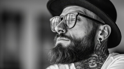 A man with a beard, glasses, and tattoos looks thoughtfully to the side, highlighting his distinctive and stylish appearance, while portraying a contemplative mood.