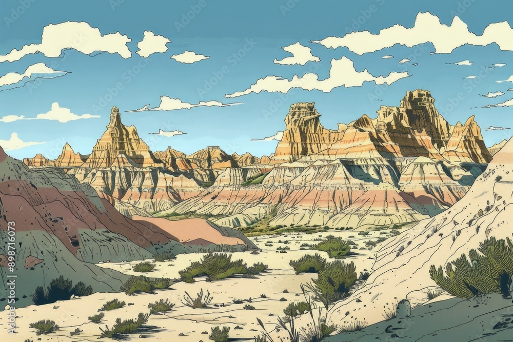 Poster Aerial view of arid desert terrain with mountain range in the distance, suitable for use as a backdrop or symbolizing adventure and exploration