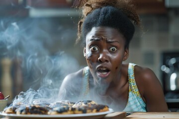 Beautiful African woman looks shocked as she gazes at the burnt cookies emitting smoke from the oven in her kitchen.