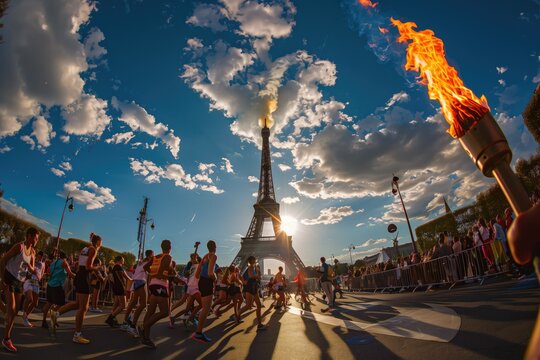 olimpic torch comming by athletes running aproaching to eiffel tower in Paris in a warm summer day - Powered by Adobe