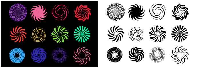 Set of vector abstract objects, camera lens shutter, illusion of deception, funnel, retracting and inflating, rotating circular.Hypnotic geometric shapes collection