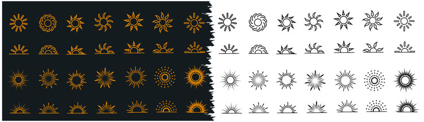 Sun icon set. Yellow sun star icons collection. Summer, sunlight, nature, sky. Vector illustration isolated on white background.