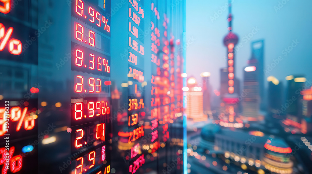 Wall mural aerial view of shanghai's financial district with glowing stock market tickers, chinese finance, urb