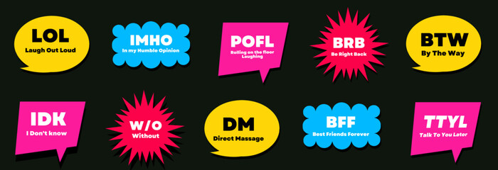 Cool Trendy Stickers Collection. Set of Various Phrases Patches Vector Design. Pack of Yolo, Rofl, Lol and Wow Pins.