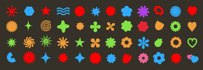 Sempel flowers and shapes icons. Daisy floral organic form cloud star and other elements in trendy playful brutal style. Vector illustrations isolated on white background.