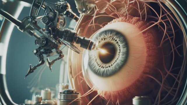 Futuristic nanobot operating, performing eye surgery. Nanotechnology, nanobots, future of medicine, surgery robot, microscopic robot, microbot, eye surgery.