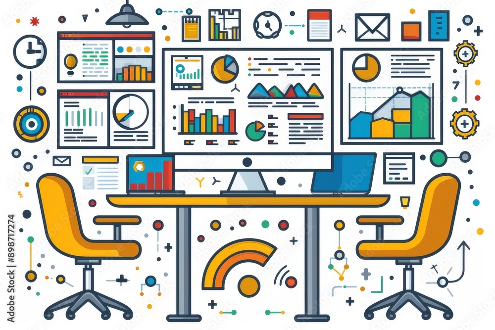 Poster vector illustration of a modern office with various charts and analytics representing business produ