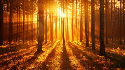 Golden Rays of Sunlight Piercing Through a Forest