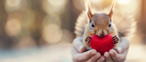  A squirrel holds a red heart in front of a blurred forest scene