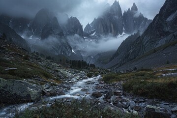 A serene stream flows through a rugged mountain valley with rocky terrain and lush greenery - Powered by Adobe