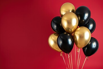 Shiny gold and black color balloons with helium on red background.