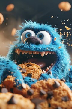 Close-up of the Cookie Monster taking a bite of a cookie