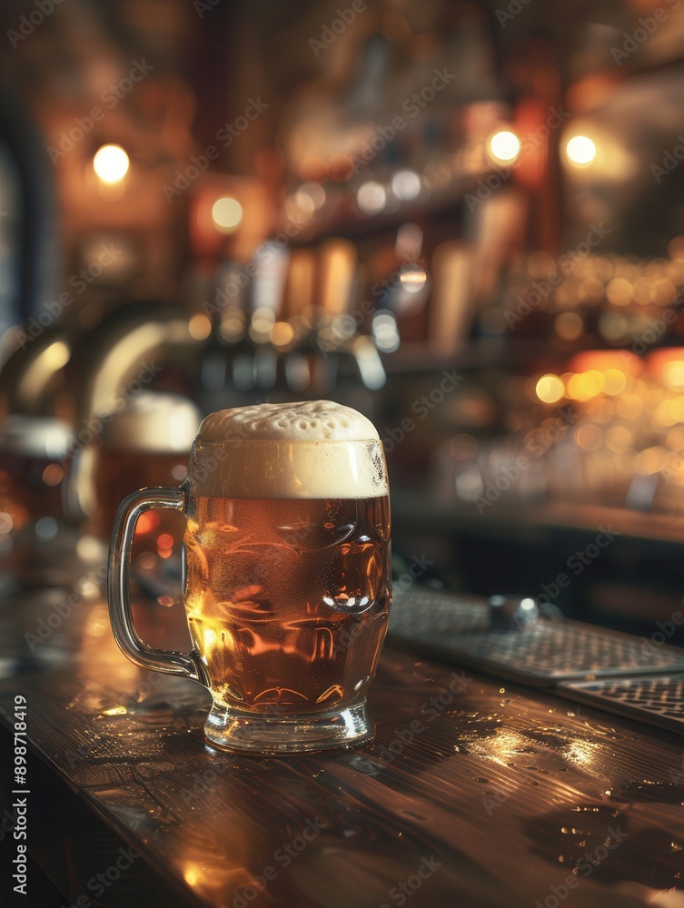 Poster a single glass of beer sits on a wooden bar counter in a dimly lit pub setting. generative ai
