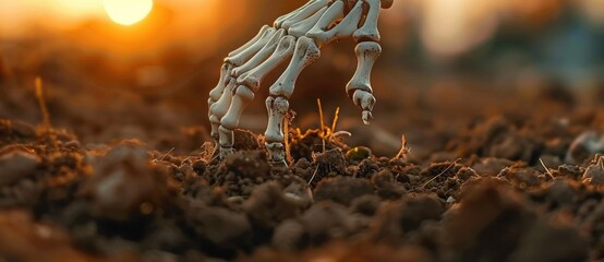 A skeleton hand emerging from the soil with a sunset in the background.
