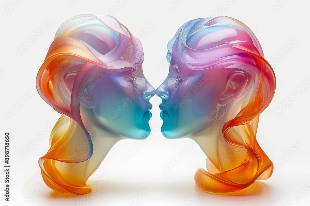 Poster abstract colorful sculptures facing each other symbolizing creativity art and interaction suitable f