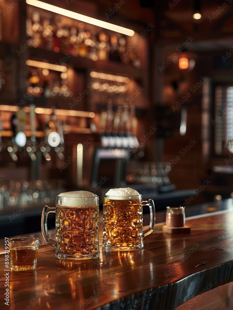 Poster Two beers and a shot glass on a bar counter. Background is a dimly lit bar with liquor bottles. Generative AI