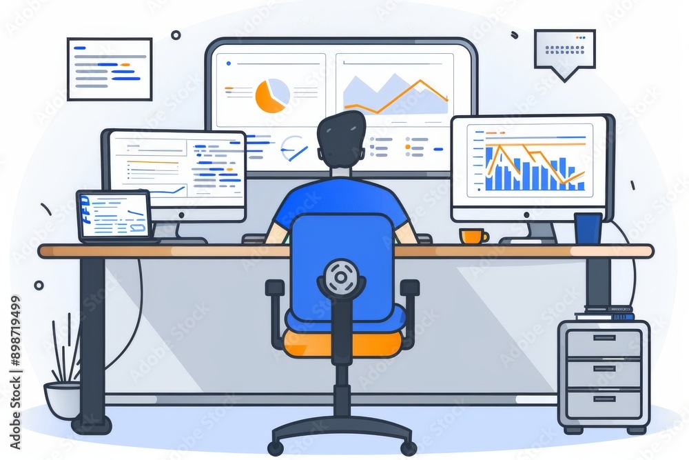 Aufkleber person working at a computer with charts and plants around symbolizing productivity nature and moder