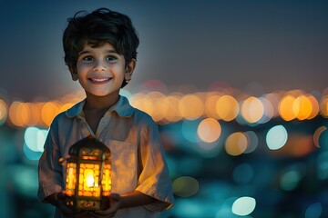 Stock minimalist photograph of an Arab boy with dark hair, wearing light clothes, smiling and holding a lantern against the backdrop of a brightly lit evening city. Genrative AI