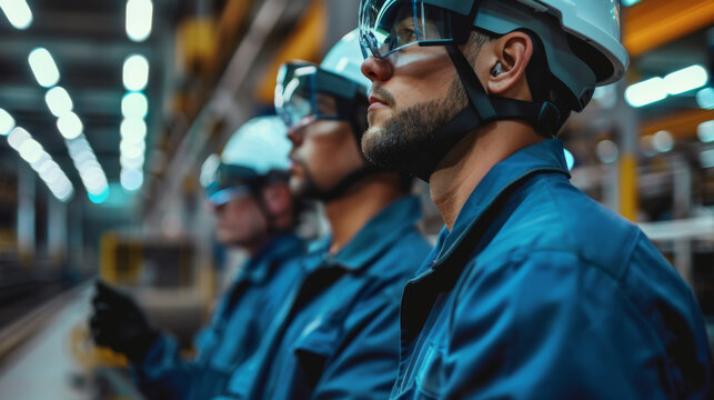 Factory workers wearing AR glasses to enhance productivity