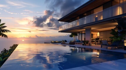 Fototapeta premium Ceiling fan luxury villa with infinity pool at sunset