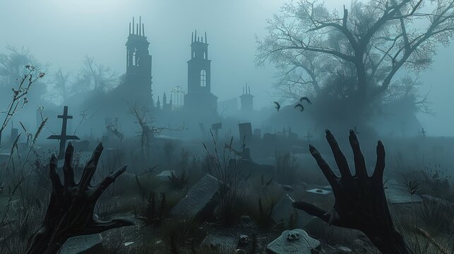 A Foggy, Eerie Graveyard With Ruins And Skeletal Hands Raising From The Ground.