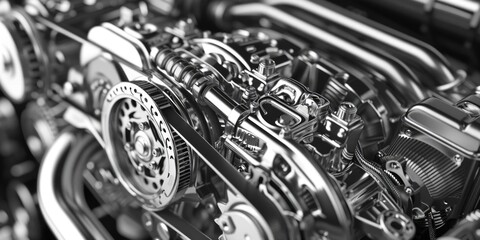 Close-up view of a black and white motorcycle engine