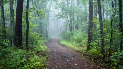 Obraz premium The trails in the forest fog. Mist forest trails in fog