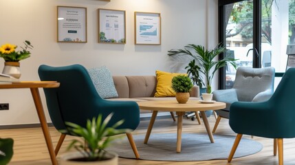 A cozy and stylish meeting area with modern furniture design, featuring comfortable chairs, a small table, plants, and wall art, creating an inviting and professional setting.