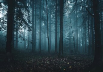 Obraz premium A misty forest with tall trees creating an eerie atmosphere.
