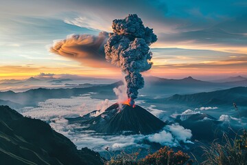 Majestic volcanic eruption illuminated by sunset over mountainous landscape