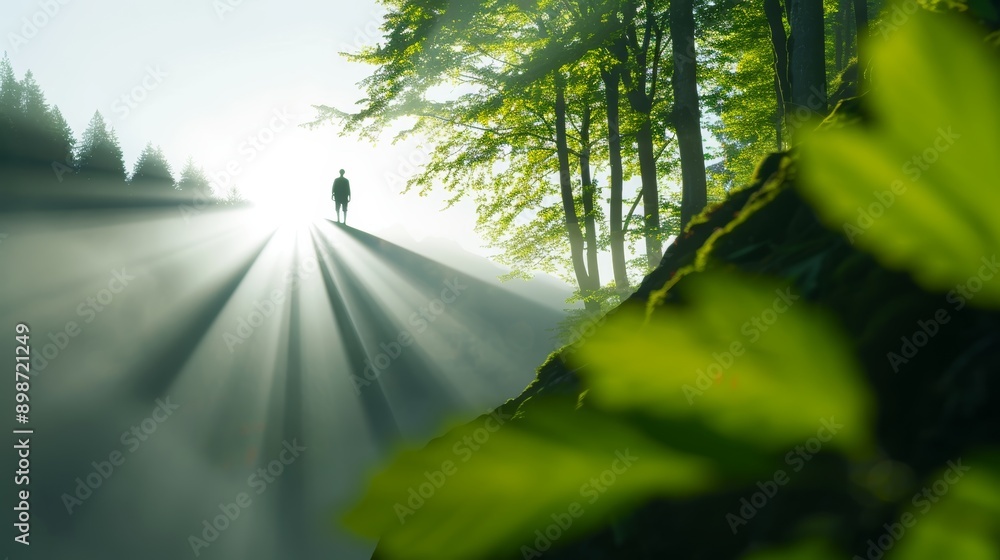 Poster a tranquil forest scene with soft light beams filtering through the trees, creating a serene atmosph
