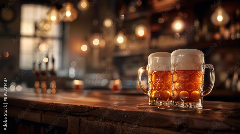 Aufkleber Two full beer mugs sit on a bar counter, illuminated by soft lighting in a pub setting. Generative AI
