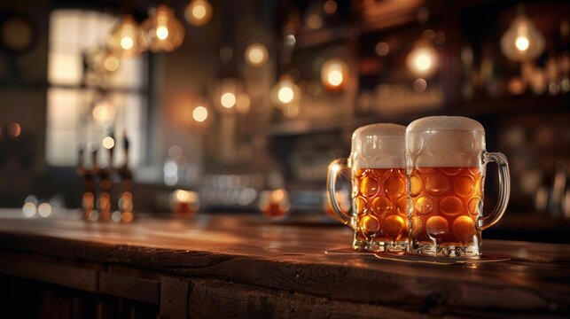 Two full beer mugs sit on a bar counter, illuminated by soft lighting in a pub setting. Generative AI