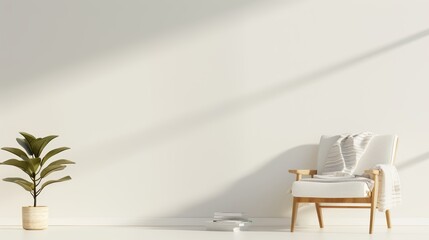 Bright and airy modern living space featuring a cozy chair, plant, and minimalist decor against a white wall.