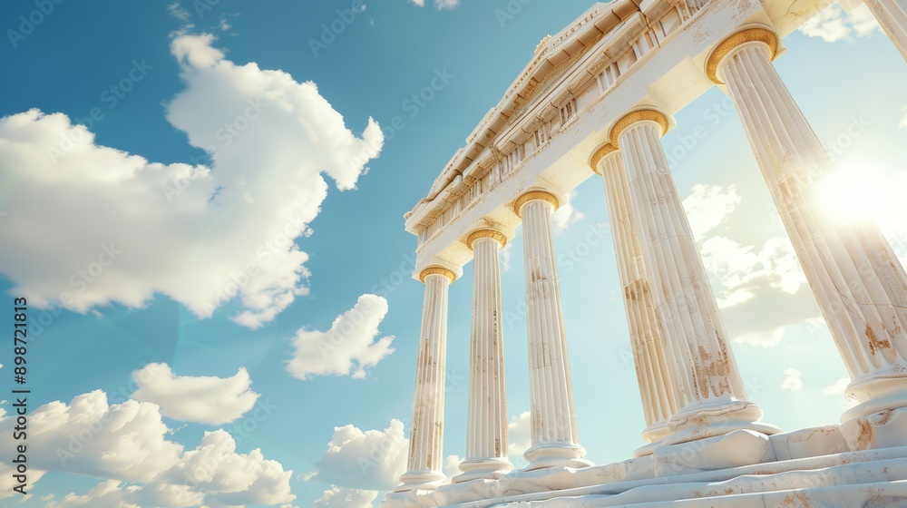 Poster majestic ancient columns beneath a bright blue sky with soft clouds. perfect for concepts of history