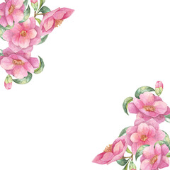 Camellia japonica flower. Watercolor clipart featuring pink blooms with green leaves in the corners of a square frame. Floral elegant design perfect for invitations, greeting cards, and stationery