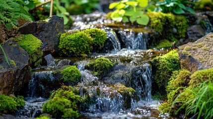 The water of the stream flows over mossy stones. Forest stream waterfall. Waterfall stream on mossy rocks. Mossy forest waterfall stream