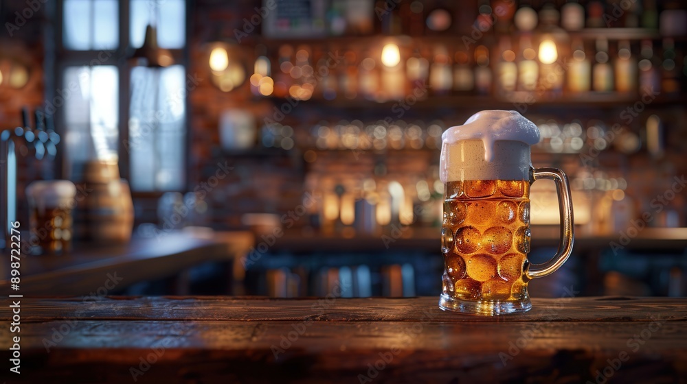 Aufkleber golden ale in a beer mug with thick foam on wooden bar. dimly lit pub with bottle shelves and tap sy