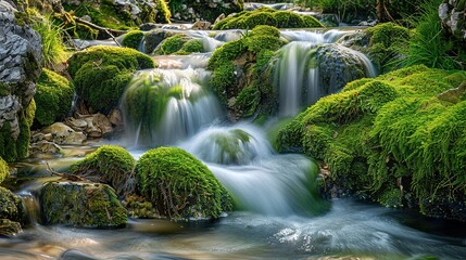 Fototapeta premium The water of the stream flows over mossy stones. Forest stream waterfall. Waterfall stream on mossy rocks. Mossy forest waterfall stream