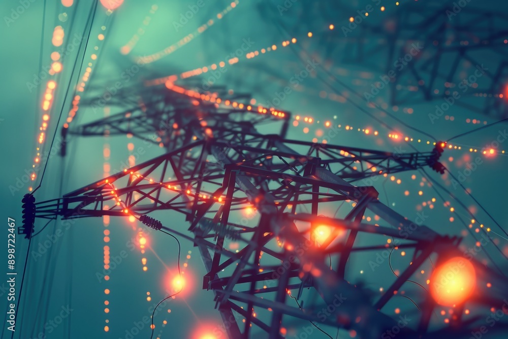 Poster A high voltage tower with numerous lights installed on its structure, suitable for use in illustrations about energy transmission or infrastructure