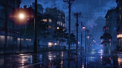 night atmosphere of city streets when it rains, cartoon or anime digital painting illustration style, seamless looping 4k video animation background - Powered by Adobe