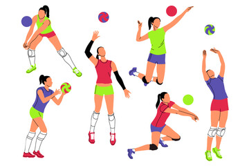 Big vector set of volleyball players. Sportswomen playing volleyball, posing and serving the ball.