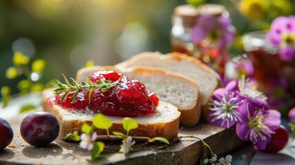 Jam and bread on the table. Selective focus.