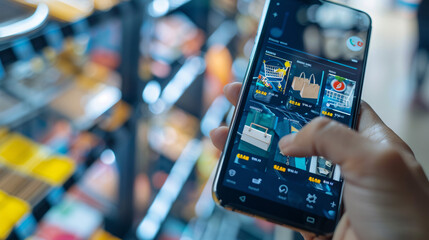 Close-up of a smartphone displaying an online shopping app, with a hand tapping on the screen, set against a blurred background 