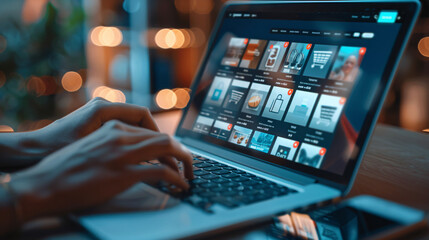 Detailed image of a laptop screen with an online store interface, showing product thumbnails and a checkout button, with hands typing on the keyboard 