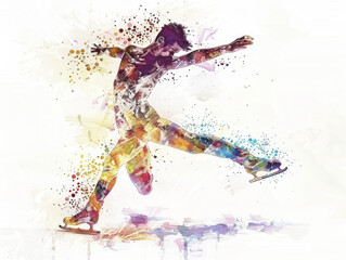Fototapeta premium Figure Skater in Colorful Motion Watercolor Painting